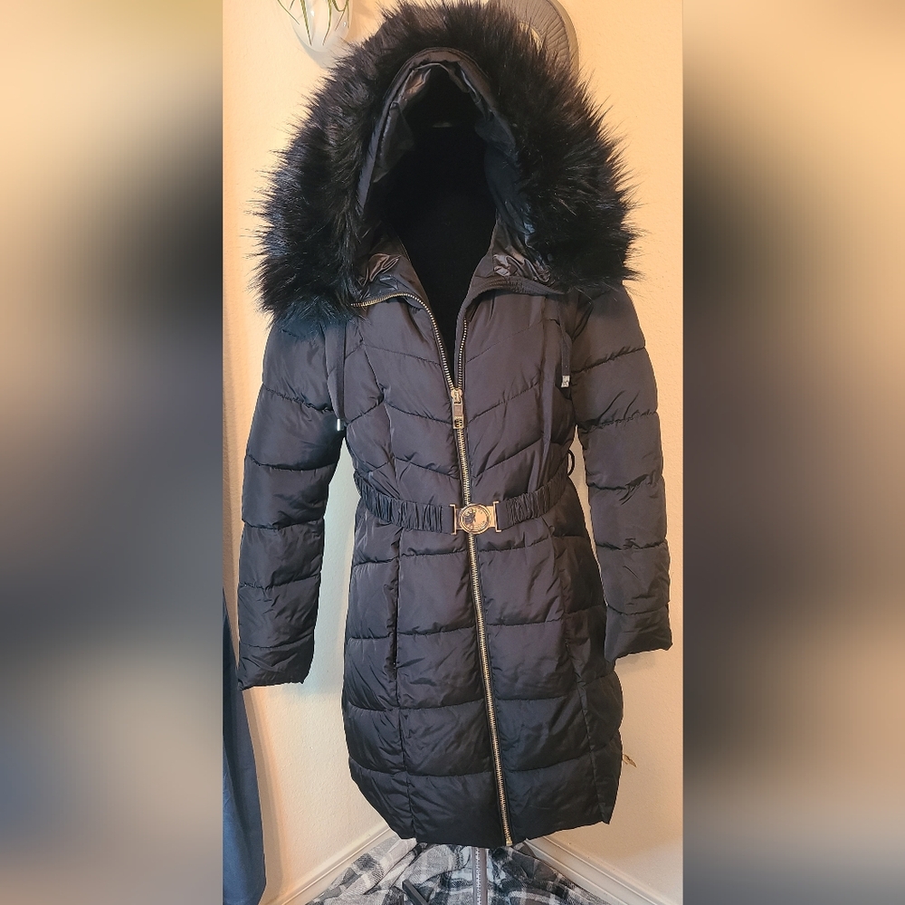Guess Gold and Black Puffer Jacket with Belted Waist L